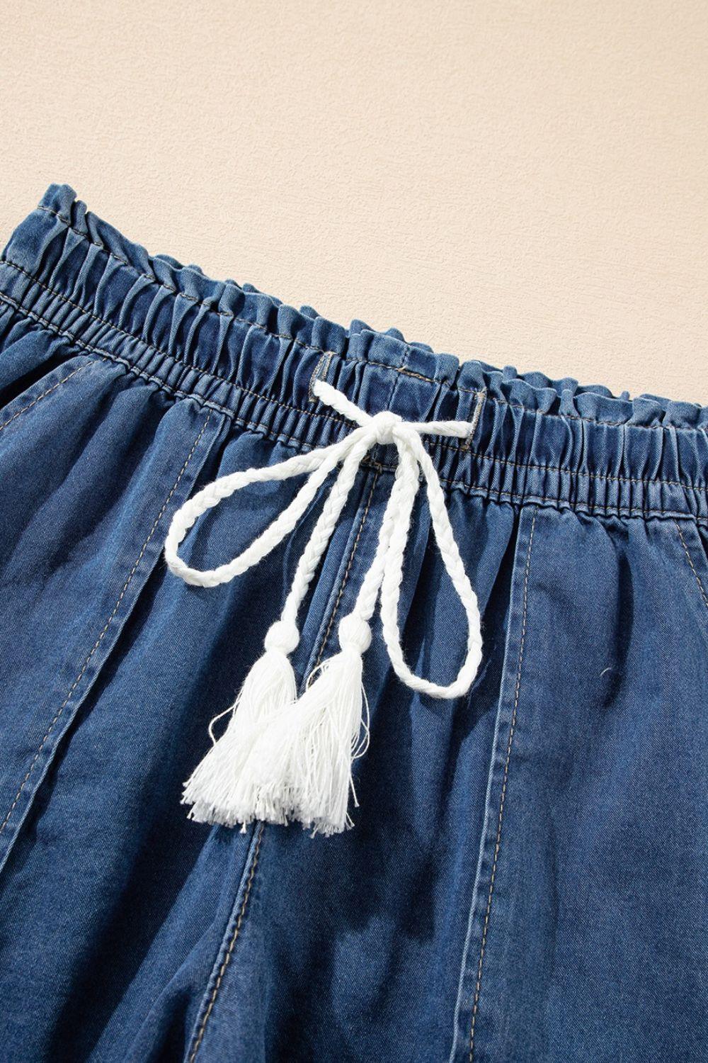 Raw Hem Drawstring High Waist Denim Shorts with Pockets