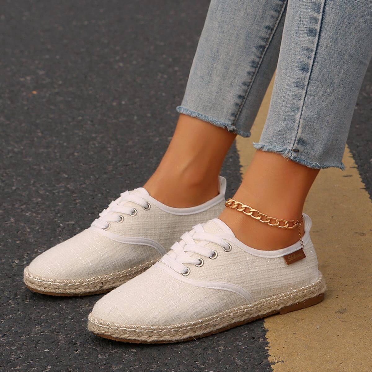 Lace Up Round Toe Flats Tweed Sneakers