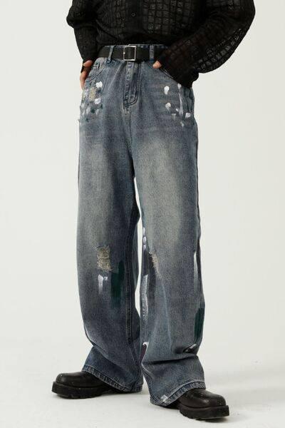 Washed Distressed Wide-Leg Jeans