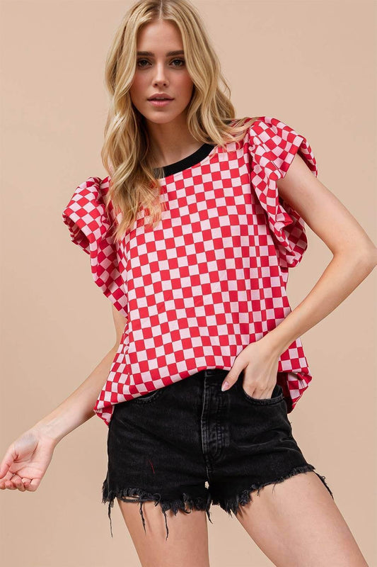 Oh Checkered Round Neck Puff Sleeve Blouse