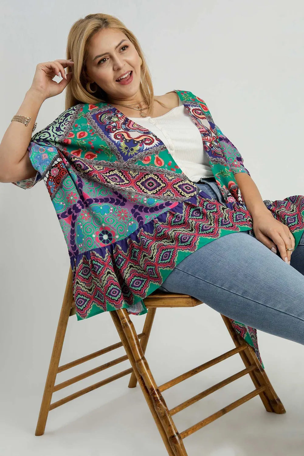 Umgee Full Size Mixed Print Ruffle Hem Open Front Cover Up Plus Size