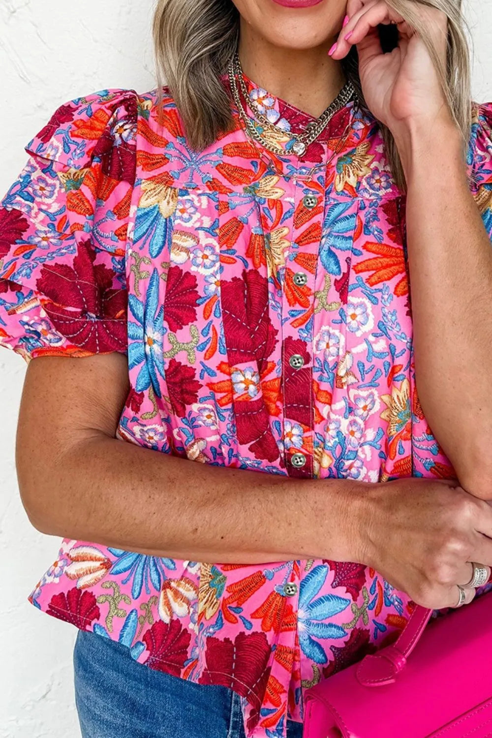 Floral Puff Sleeve Button-Up Top