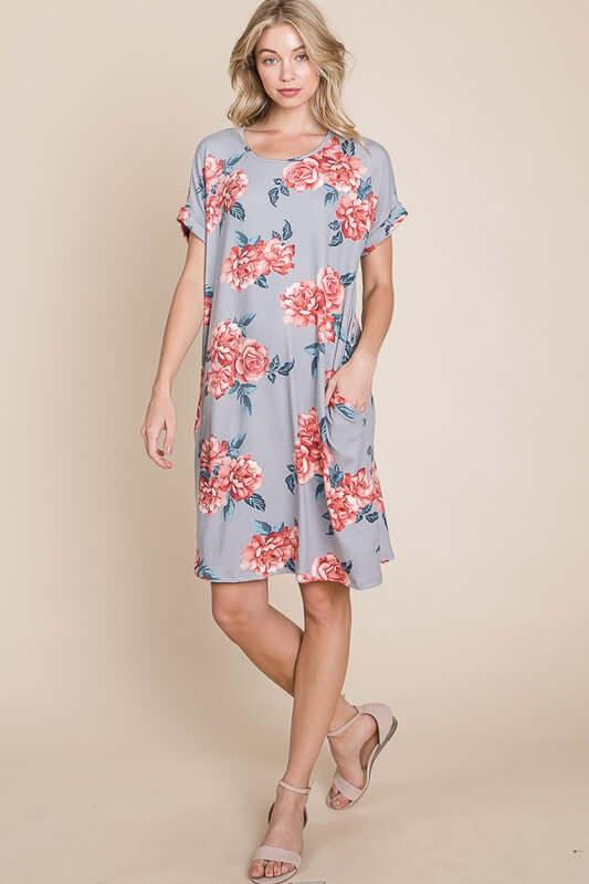 BOMBOM Floral Round Neck Short Tee Dress with Pockets - Clothes For Her Online Store