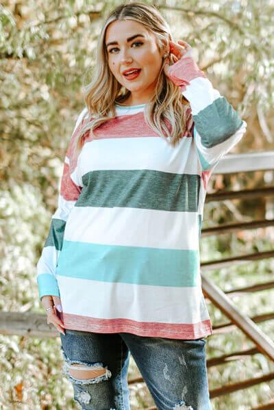 Plus Size Striped Slit Long Sleeve T-Shirt - Clothes For Her Online Store
