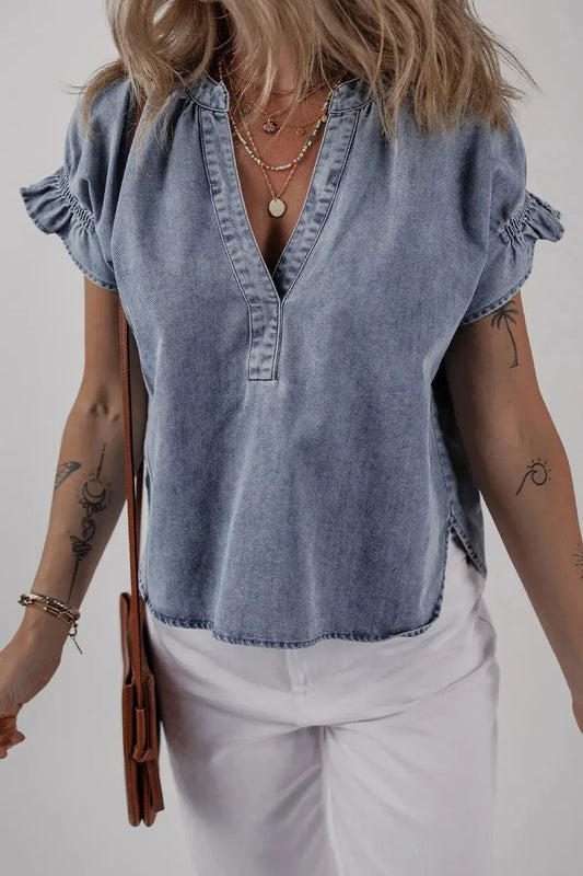 V Neck Ruffled Short Puff Sleeve Denim Top - Clothes For Her Online Store
