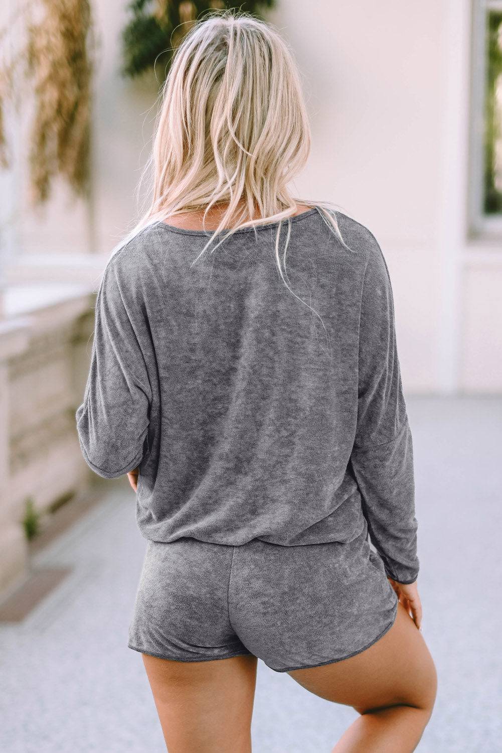 Boat Neck Long Sleeve Top and Drawstring Shorts Set - Clothes For Her Online Store