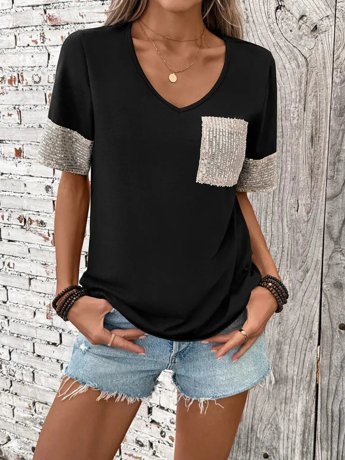 Sequin V-Neck Short Sleeve T-Shirt - Clothes For Her Online Store