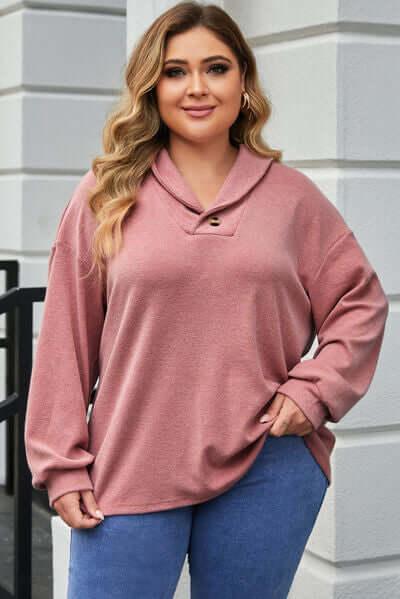 Plus Size Dropped Shoulder Collared Neck T-Shirt - Clothes For Her Online Store