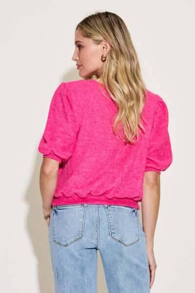 Zenana Round Neck Lantern Half Sleeve Sweater - Clothes For Her Online Store