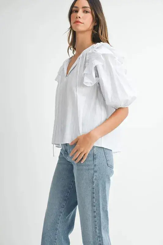 MABLE Stripe Ruffle Shoulder Puff Sleeve Blouse - Clothes For Her Online Store