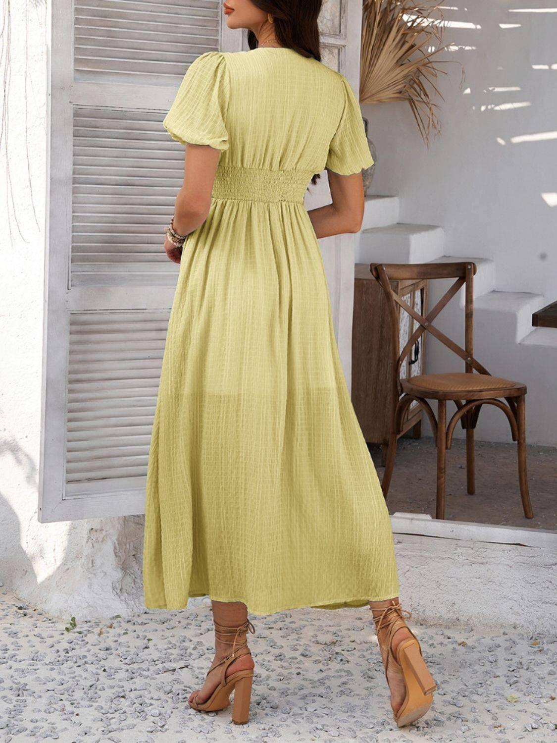 Devine V-Neck Puff Short Sleeve Midi Dress