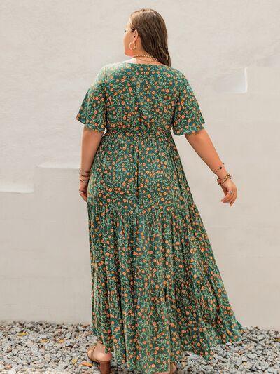 Plus Size Printed Short Sleeve Tiered Maxi Dress