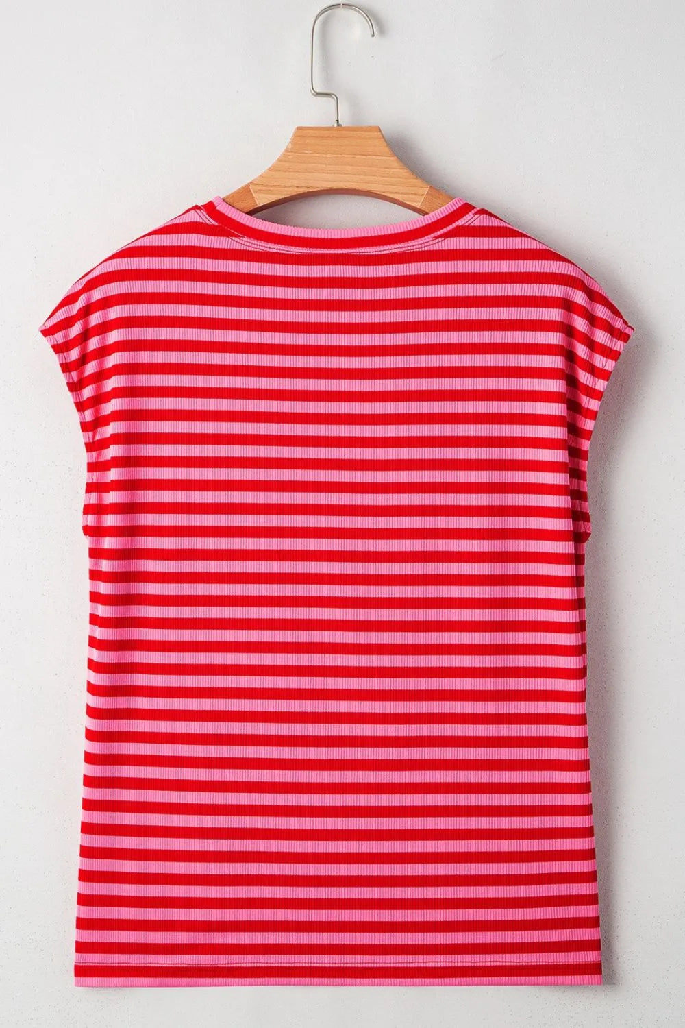 Stripe Ribbed Cap Sleeve Round Neck T Shirt