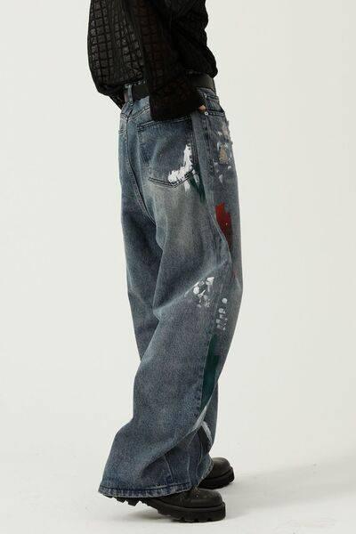 Washed Distressed Wide-Leg Jeans