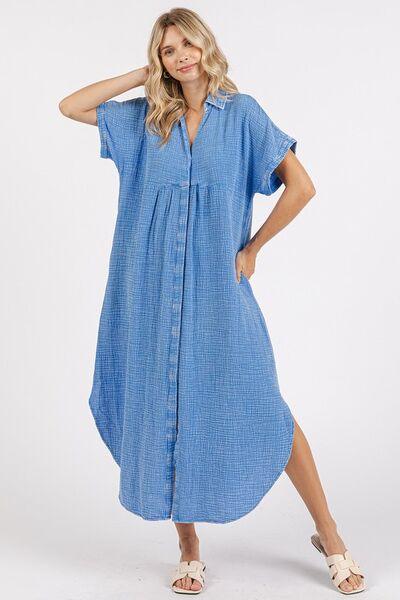 Mittoshop Mineral Wash V Neck Button Up Midi Shirt Dress - Clothes For Her Online Store