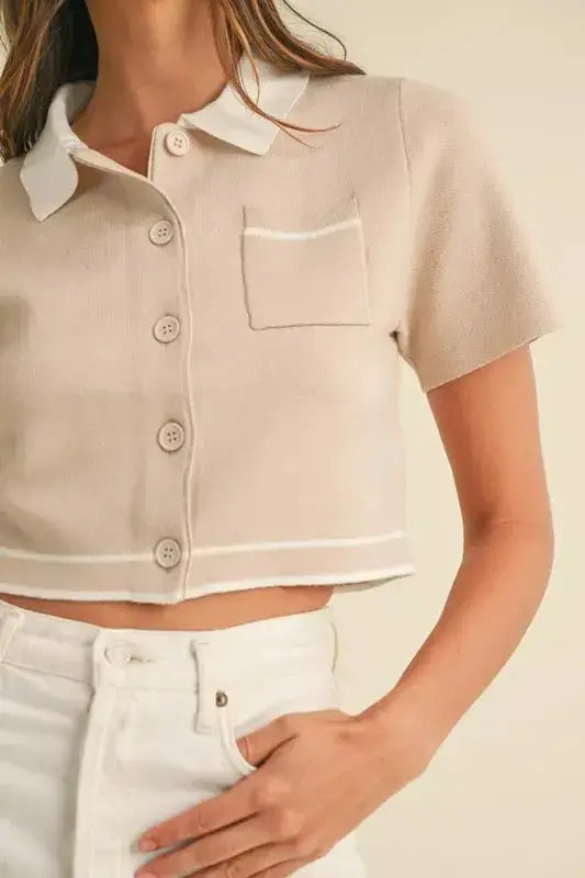MABLE Button Down Contrast Collared Knit Cardigan - Clothes For Her Online Store