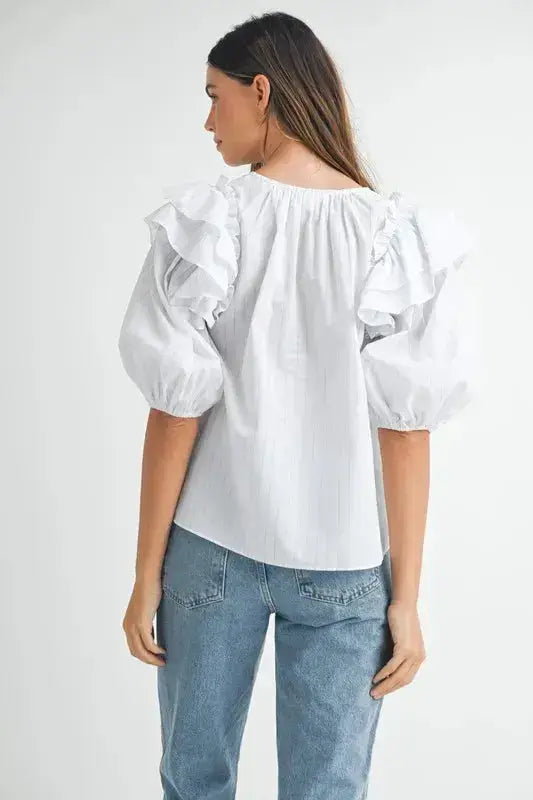 MABLE Stripe Ruffle Shoulder Puff Sleeve Blouse - Clothes For Her Online Store
