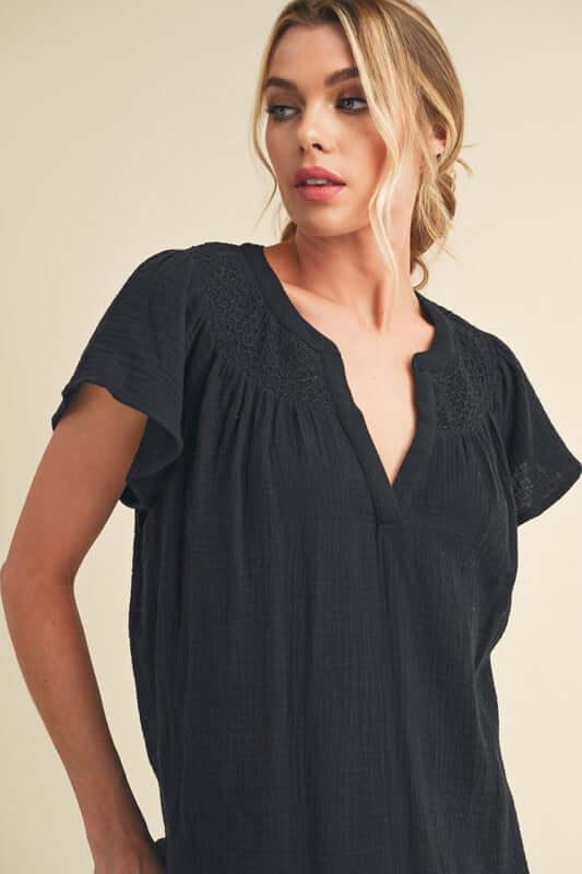 Aemi + Co Embroidered Trim Side Slit Notched Short Sleeve Blouse