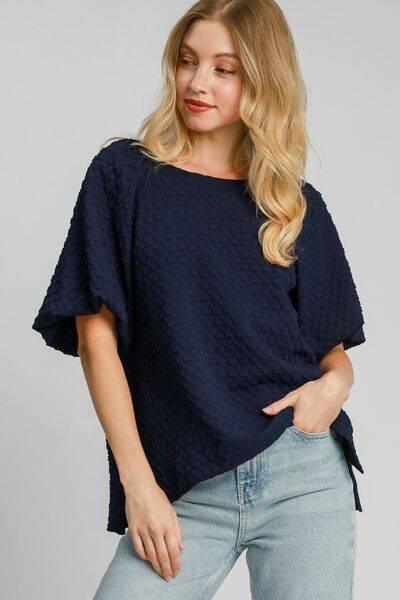 Umgee Full Size Boxy Cut Jacquard Round Neck Top with Side Slit Plus Size