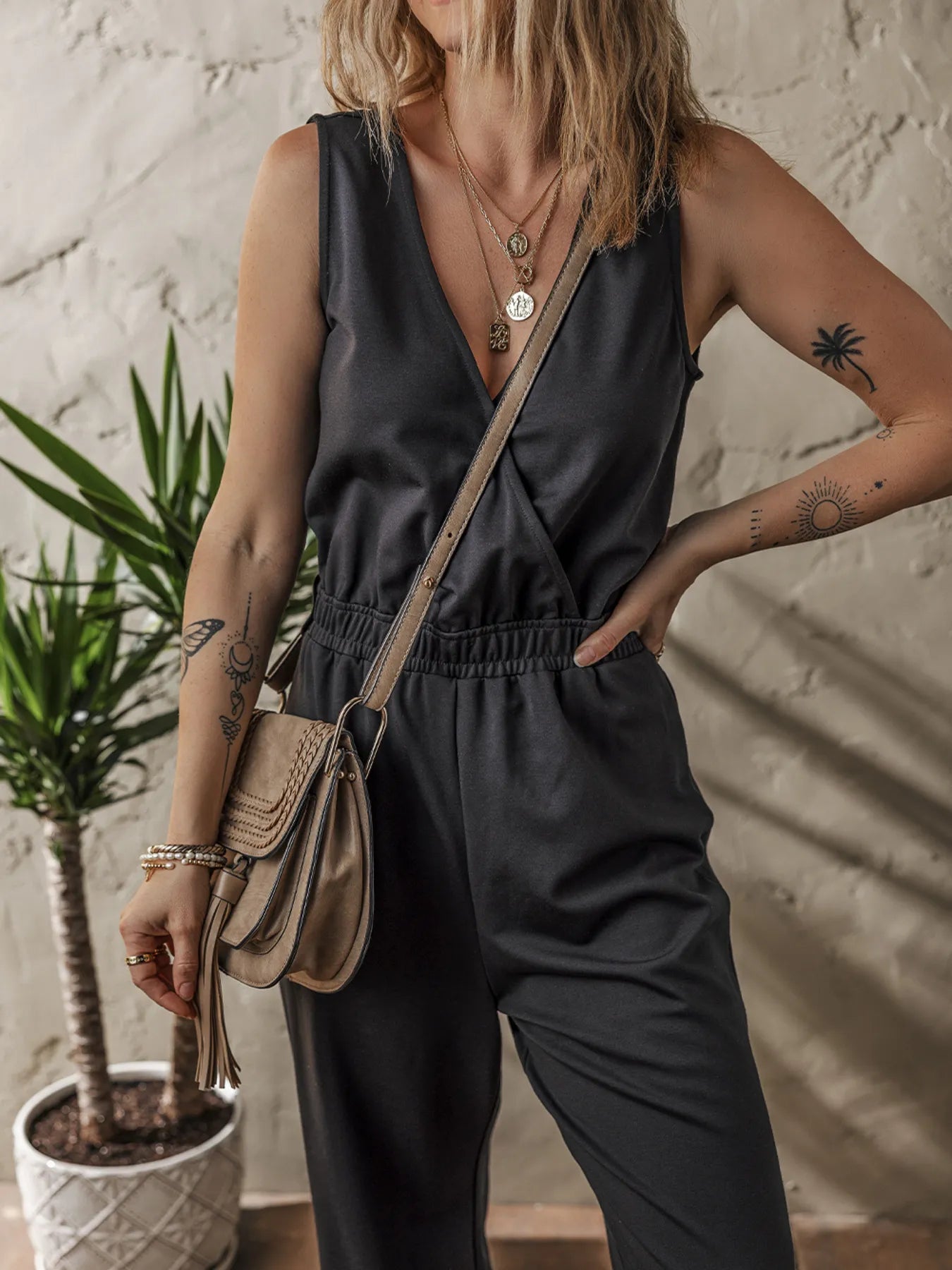 Wrap Surplice Sleeveless High Waist Jumpsuit