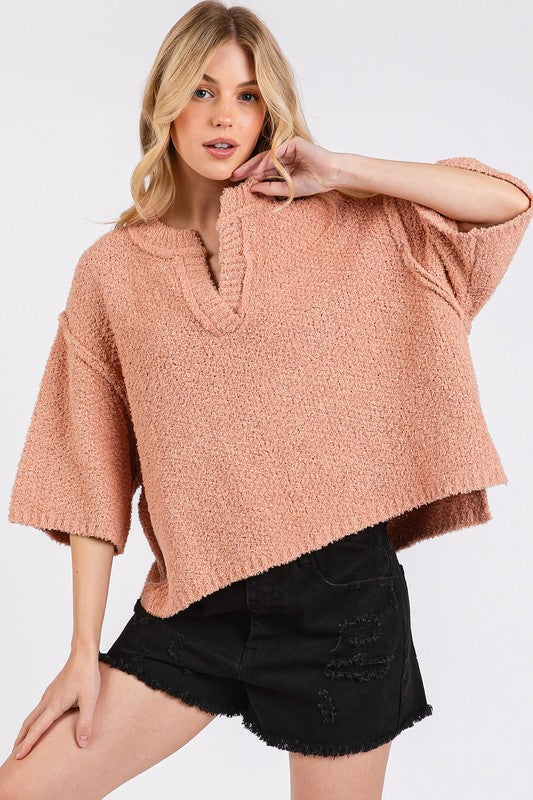 Mittoshop Side Slit Notched Drop Shoulder Sweater - Clothes For Her Online Store