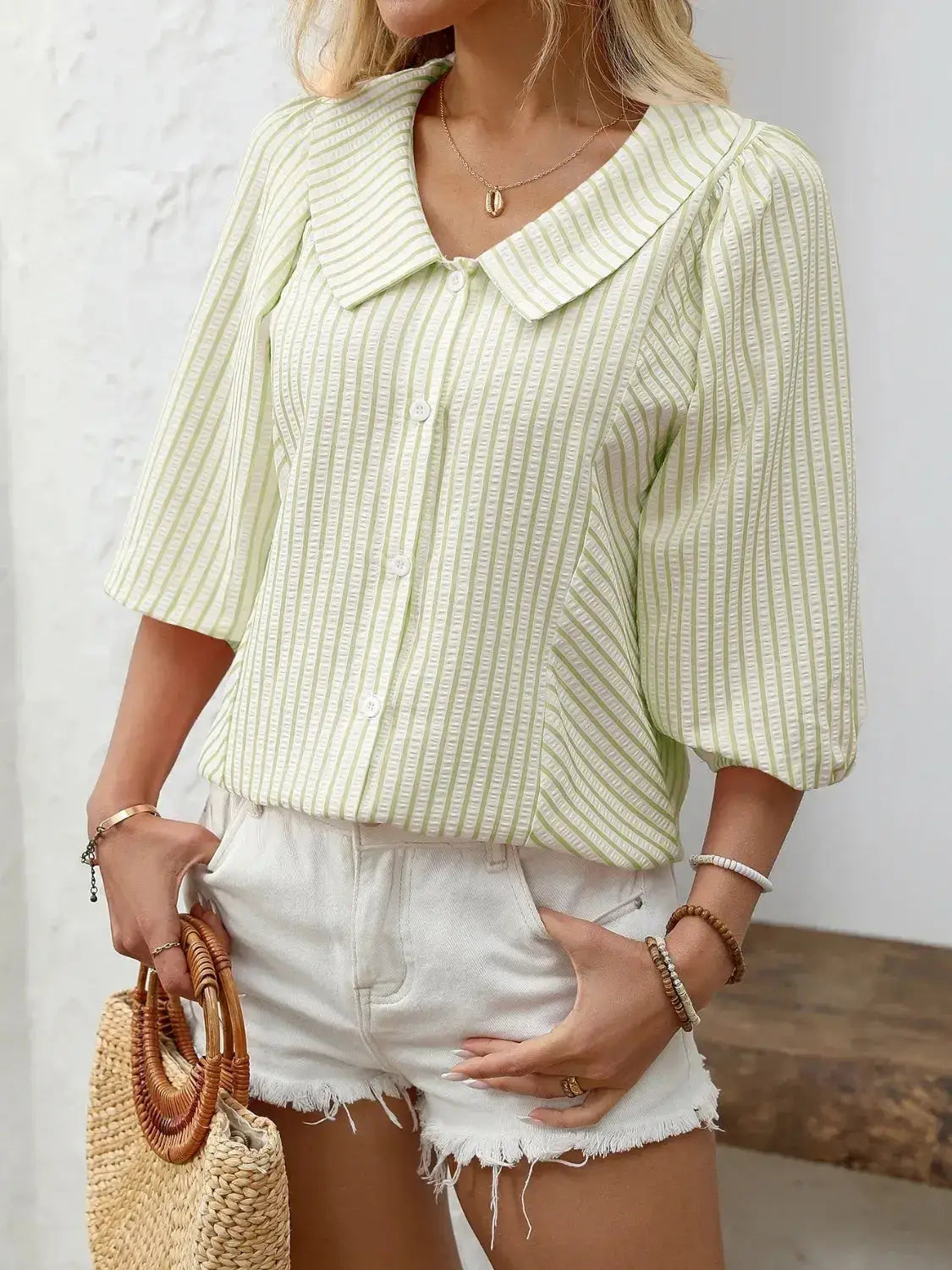 Striped Button Down 3/4 Sleeve Shirt - Clothes For Her Online Store