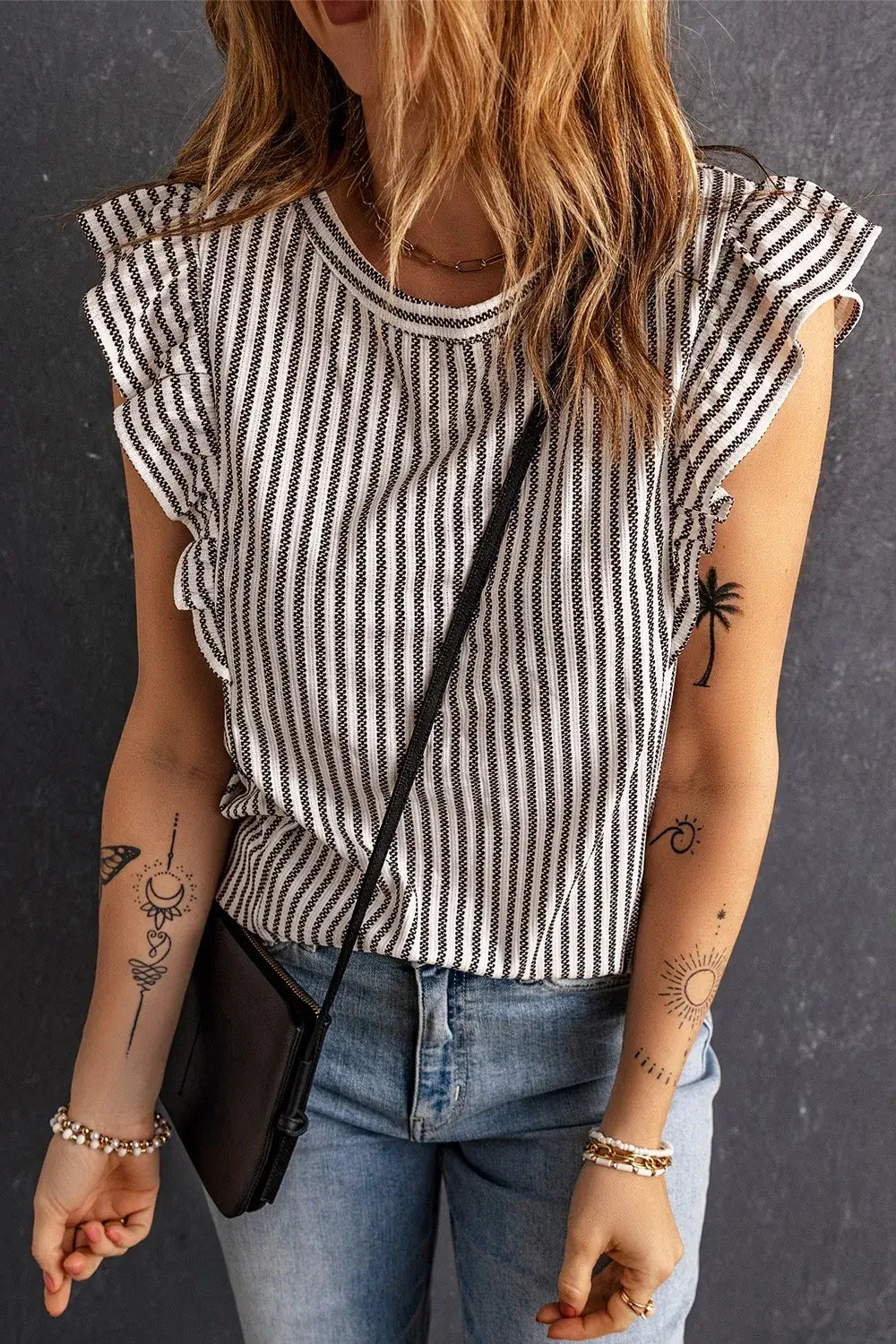 Ruffled Striped Round Neck Blouse