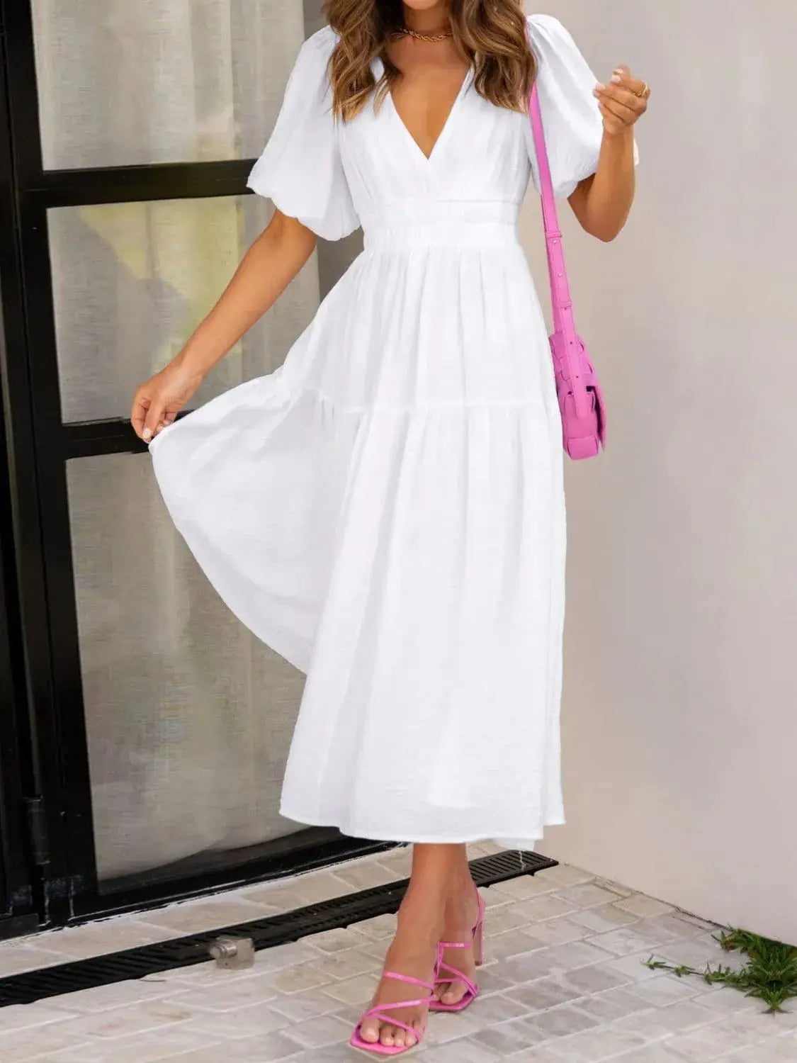 V-Neck Puff Sleeve Midi Dress - Clothes For Her Online Store