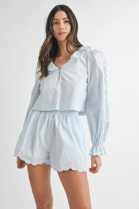 MABLE Long Sleeve Scallop Blouse and Shorts Set - Clothes For Her Online Store