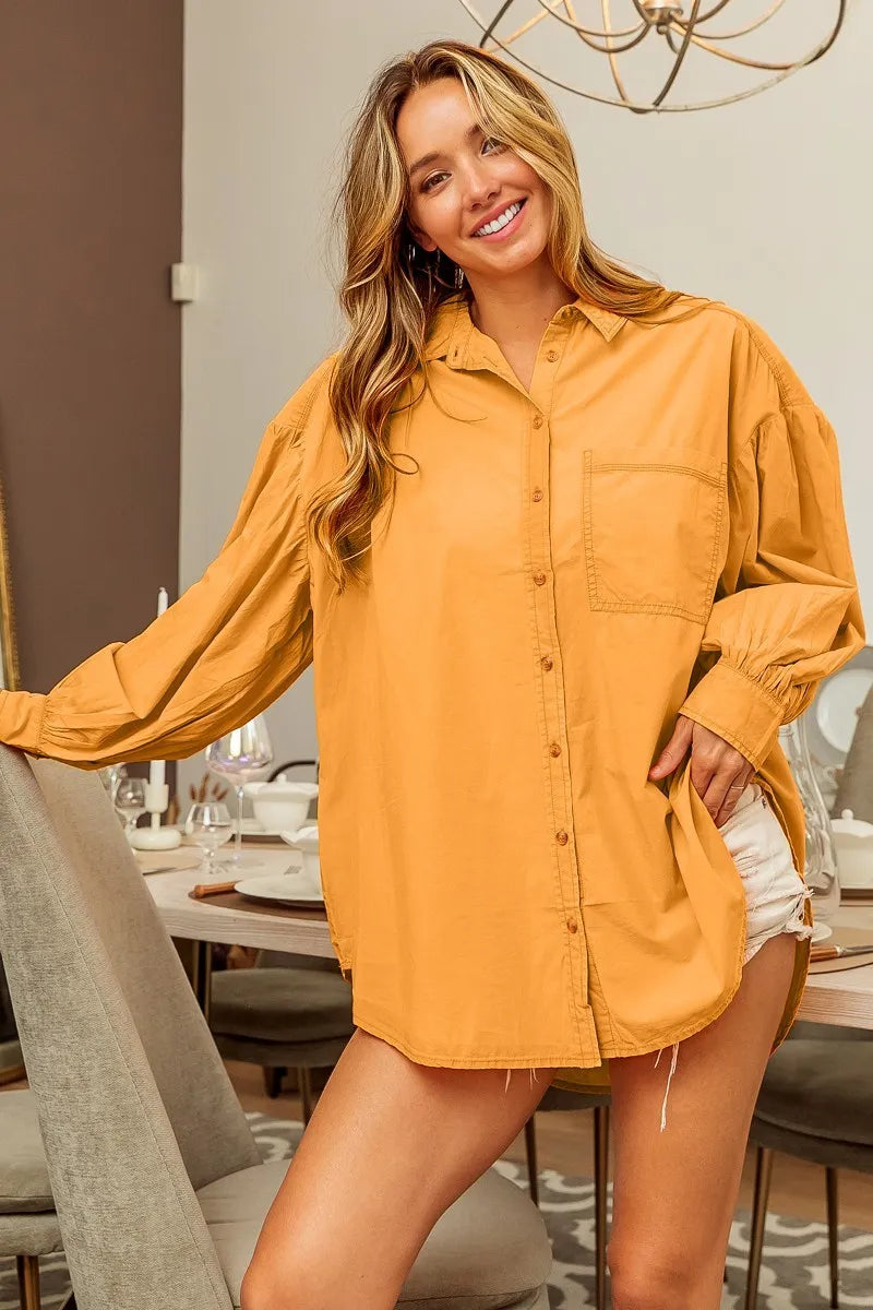 BiBi Vintage Washed Gathered Sleeve Oversized Shirt