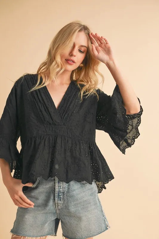 Aemi+Co Flounce Sleeve Eyelet Peplum Top