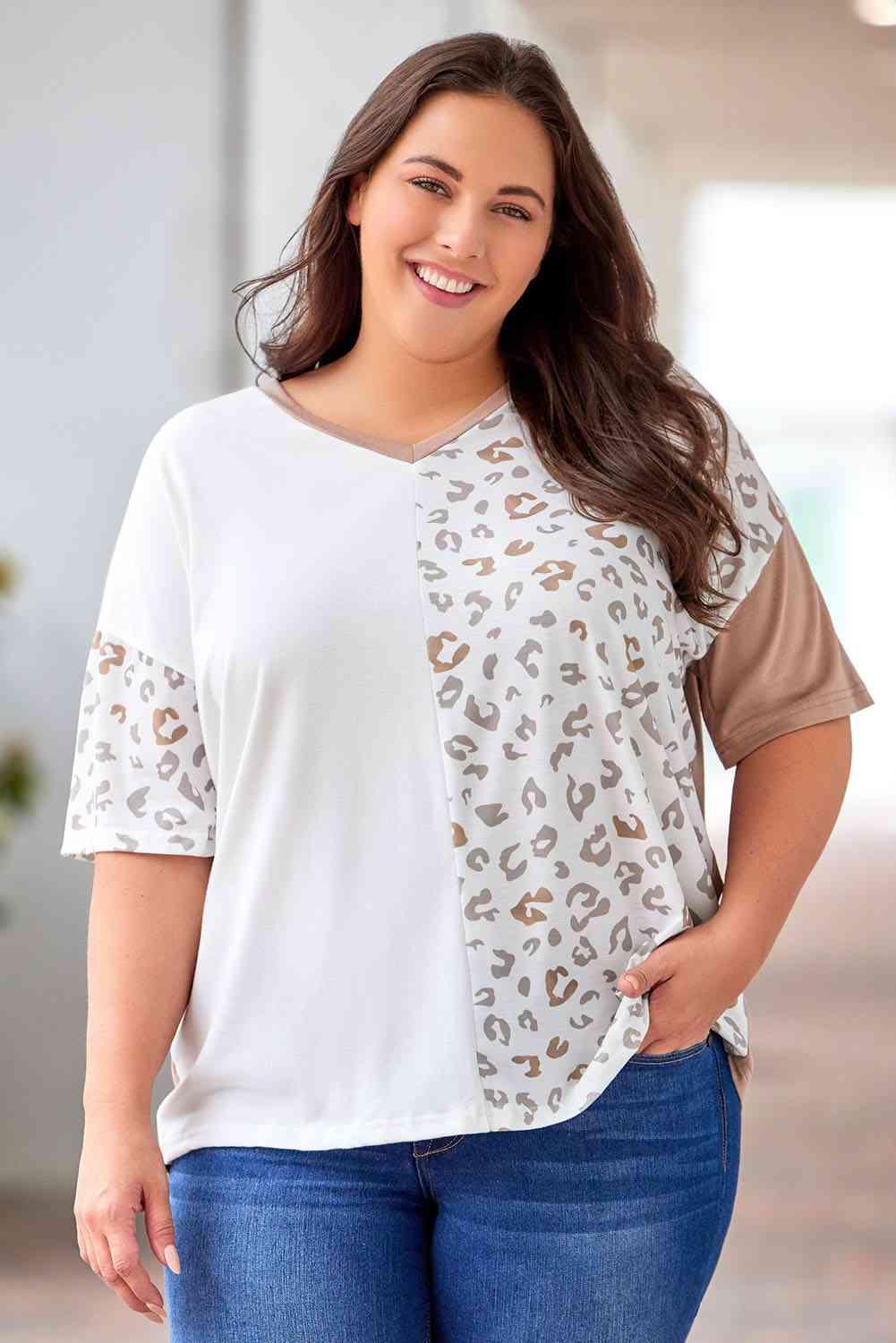 Plus Size Leopard V-Neck T-Shirt - Clothes For Her Online Store
