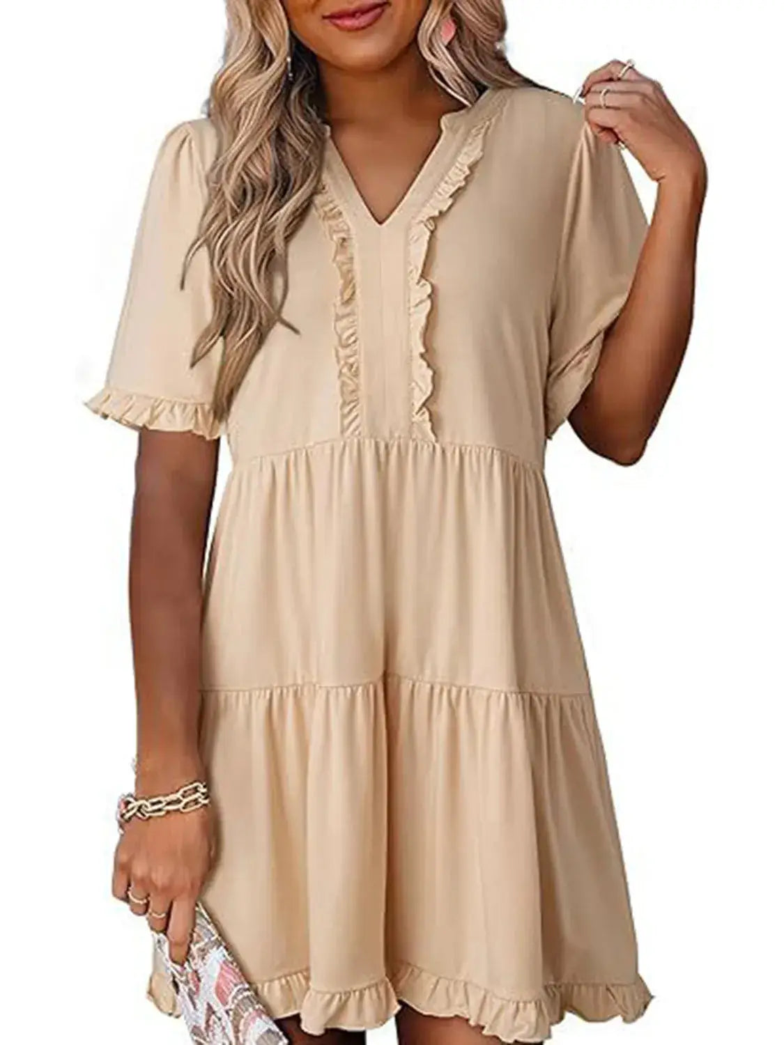 Tiered Notched Short Sleeve Mini Dress - Clothes For Her Online Store