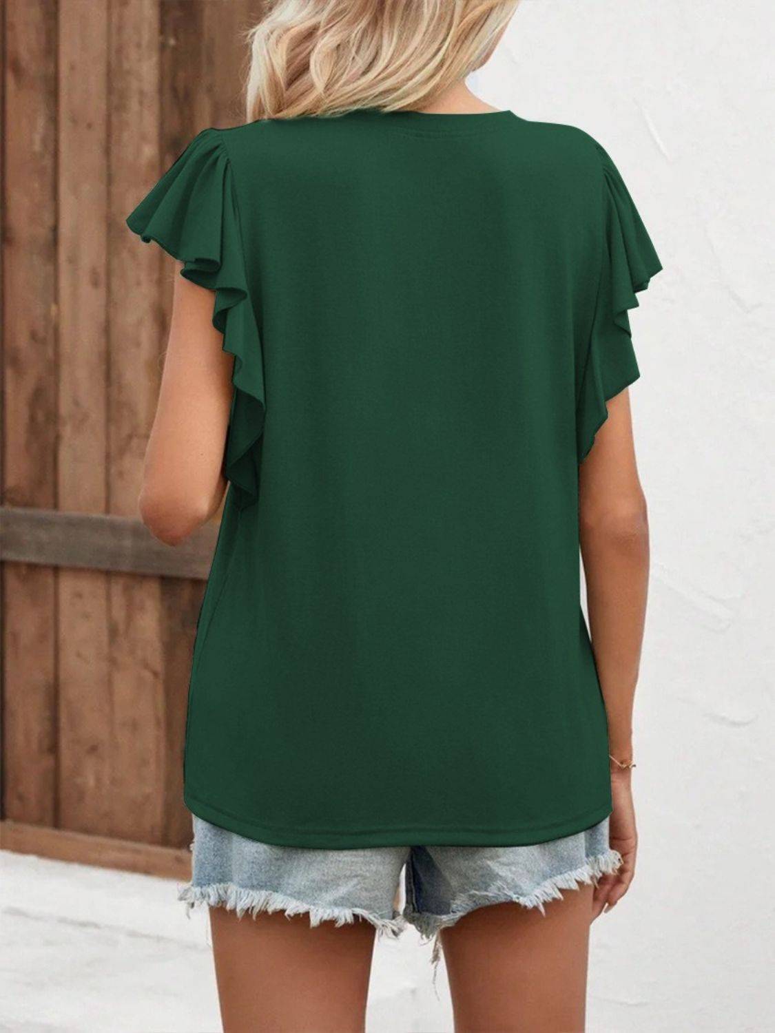 Full Size Ruffled Notched Cap Sleeve T-Shirt - Clothes For Her Online Store