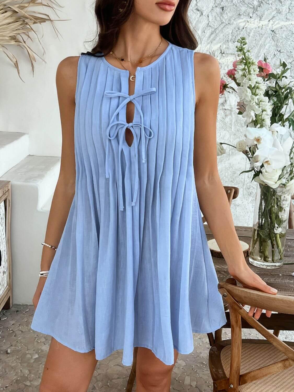 Devine Pleated Sleeveless Mini Dress