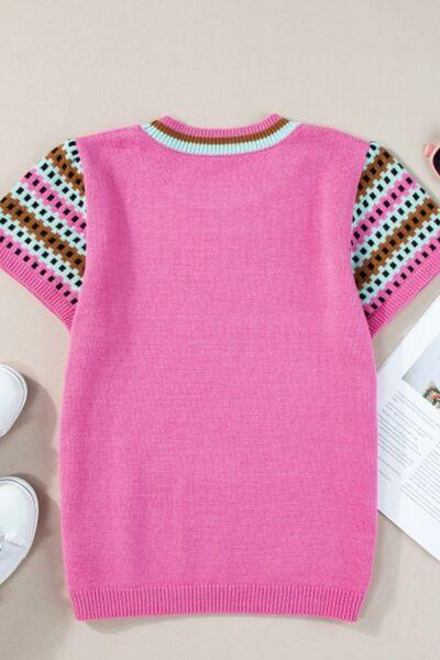 Contrast Short Sleeves Round Neck Sweater