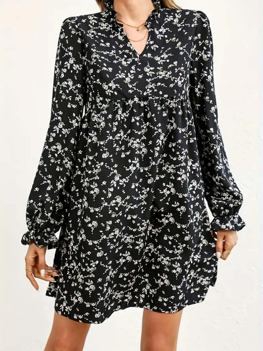 Ditsy Floral Notched Flounce Sleeve Dress - Clothes For Her Online Store