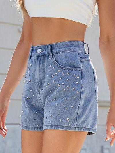 Rhinestone Washed High Waist Denim Shorts