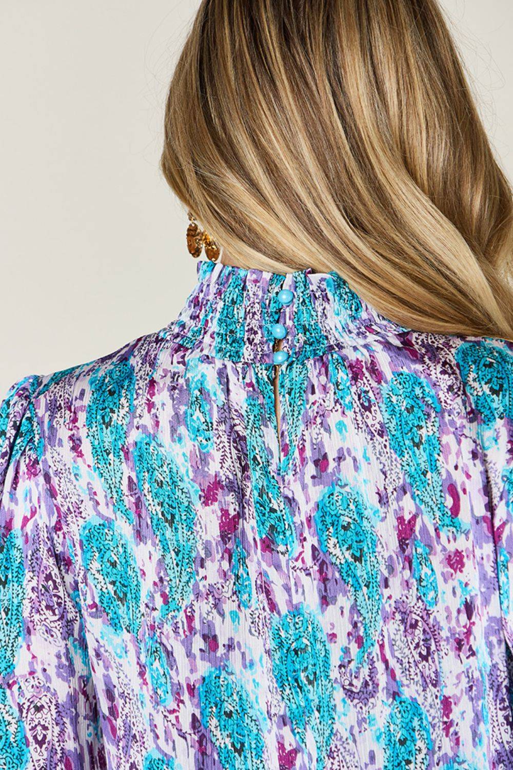 Double Take Full Size Printed Smocked Long Sleeve Blouse - Clothes For Her Online Store