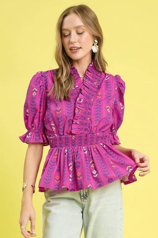 Umgee Printed Half Sleeve Peplum Blouse