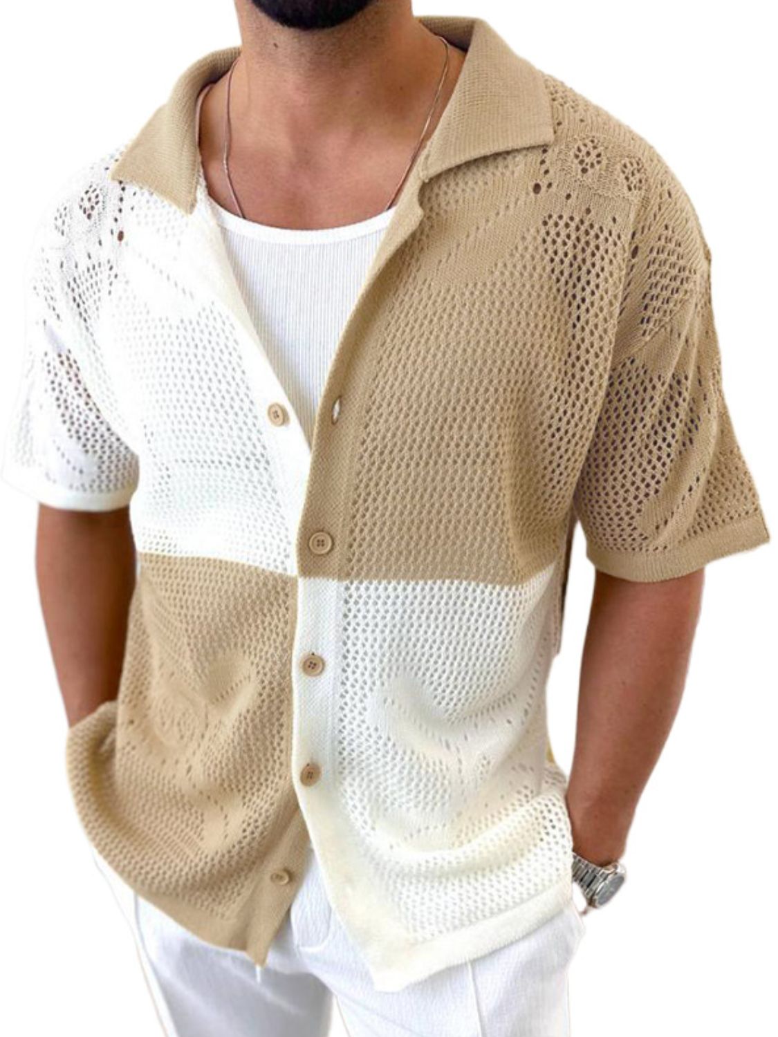 Men's Contrast Button Down Hollow Out Shirt - Clothes For Her Online Store