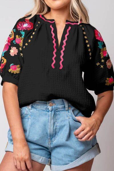 Floral Embroidered Notched Puff Sleeve Blouse