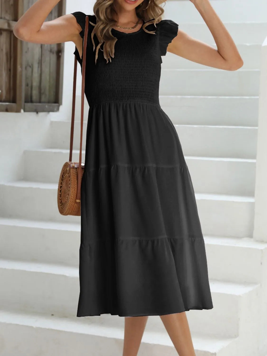 Ruffled Round Neck Cap Sleeve Dress