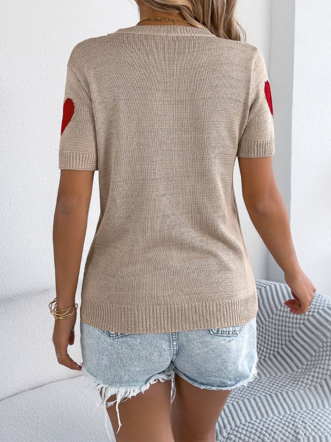 Heart Round Neck Short Sleeve Knit Top - Clothes For Her Online Store