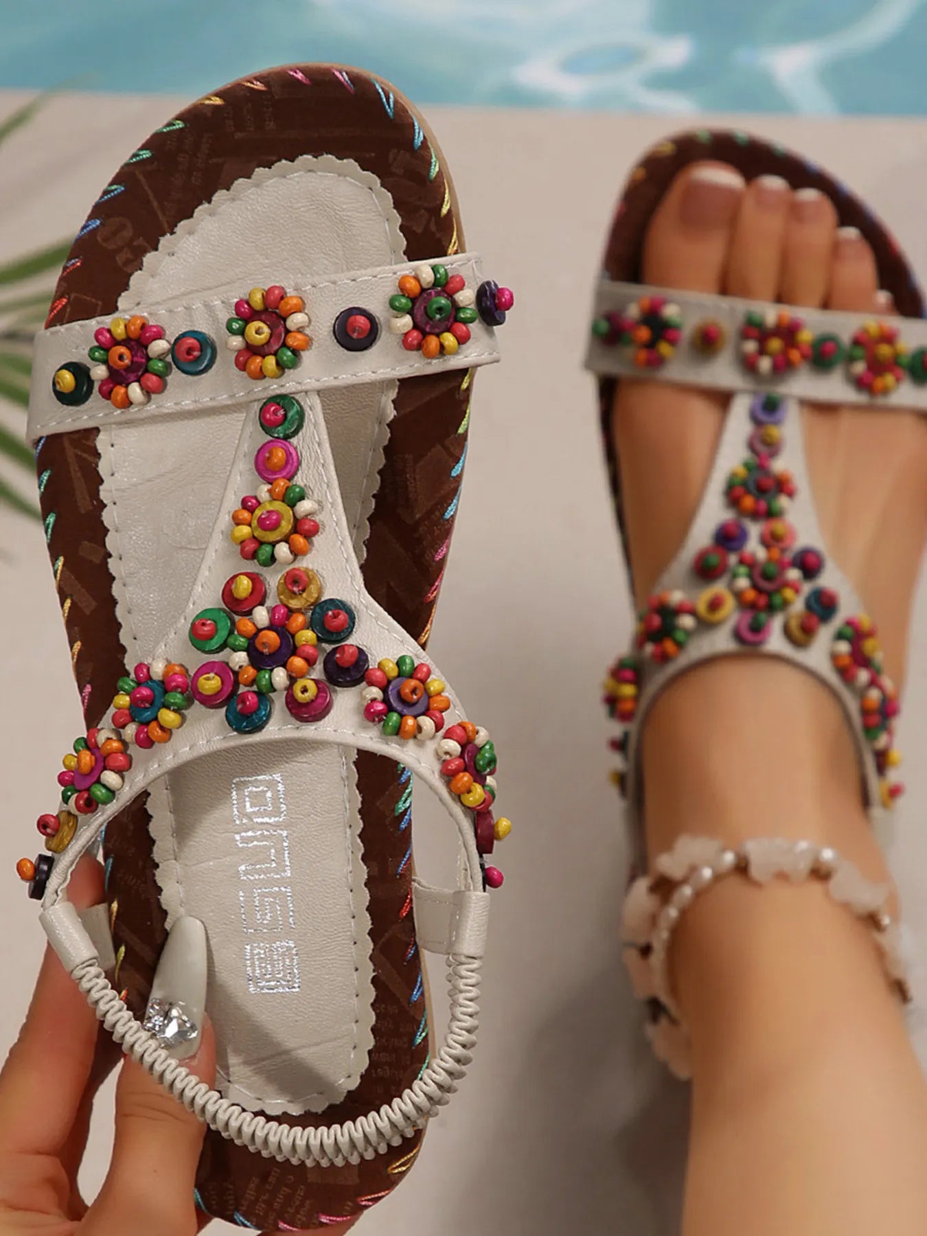 Beaded T-Strap Flat Sandals