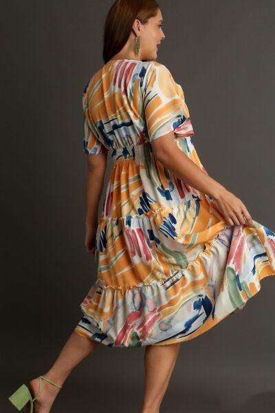 Umgee Full Size Abstract Print Flutter Sleeve Frill Tiered Midi Dress Plus Size