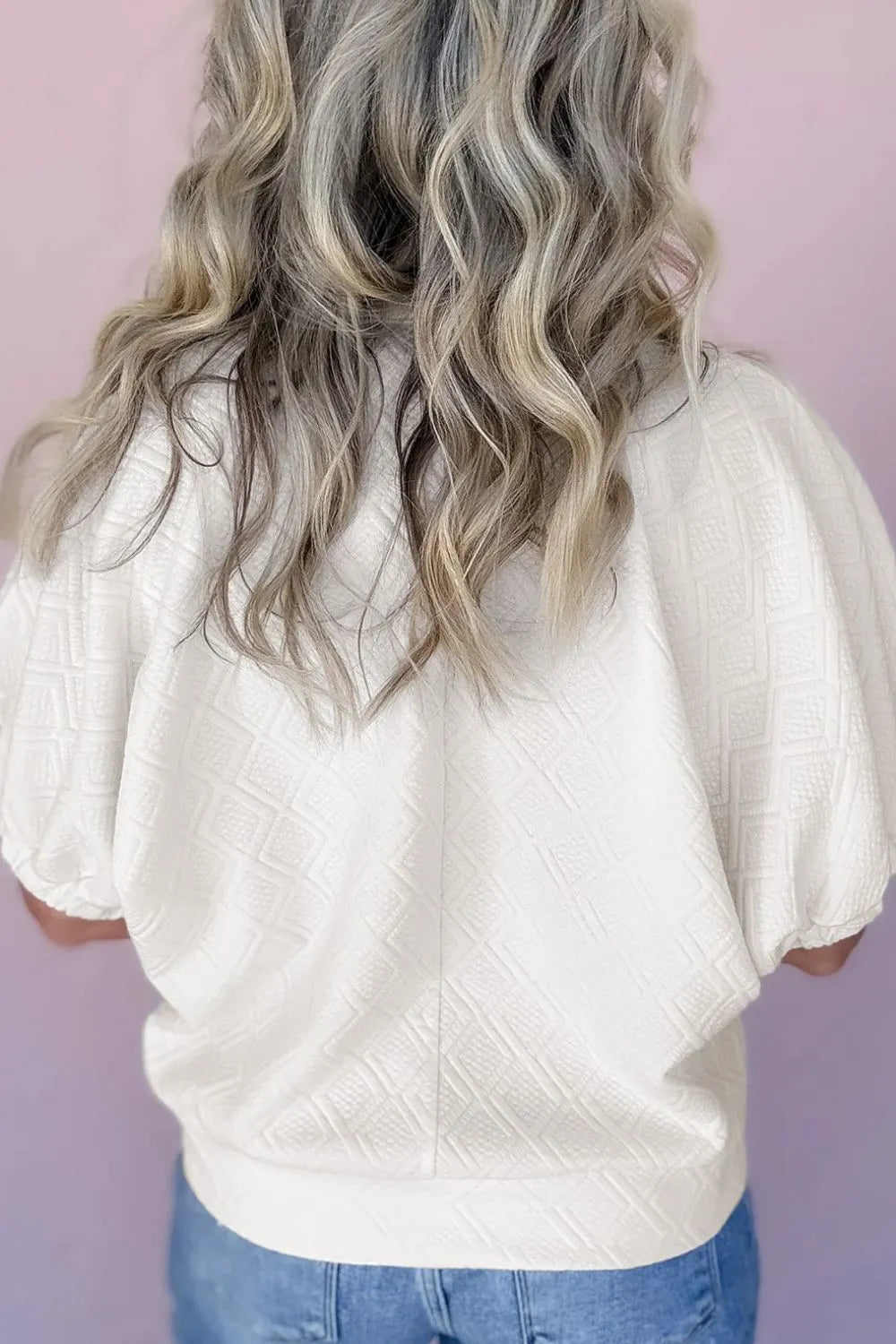 Contrast Striped Collar Patchwork Textured Half Sleeve Blouse