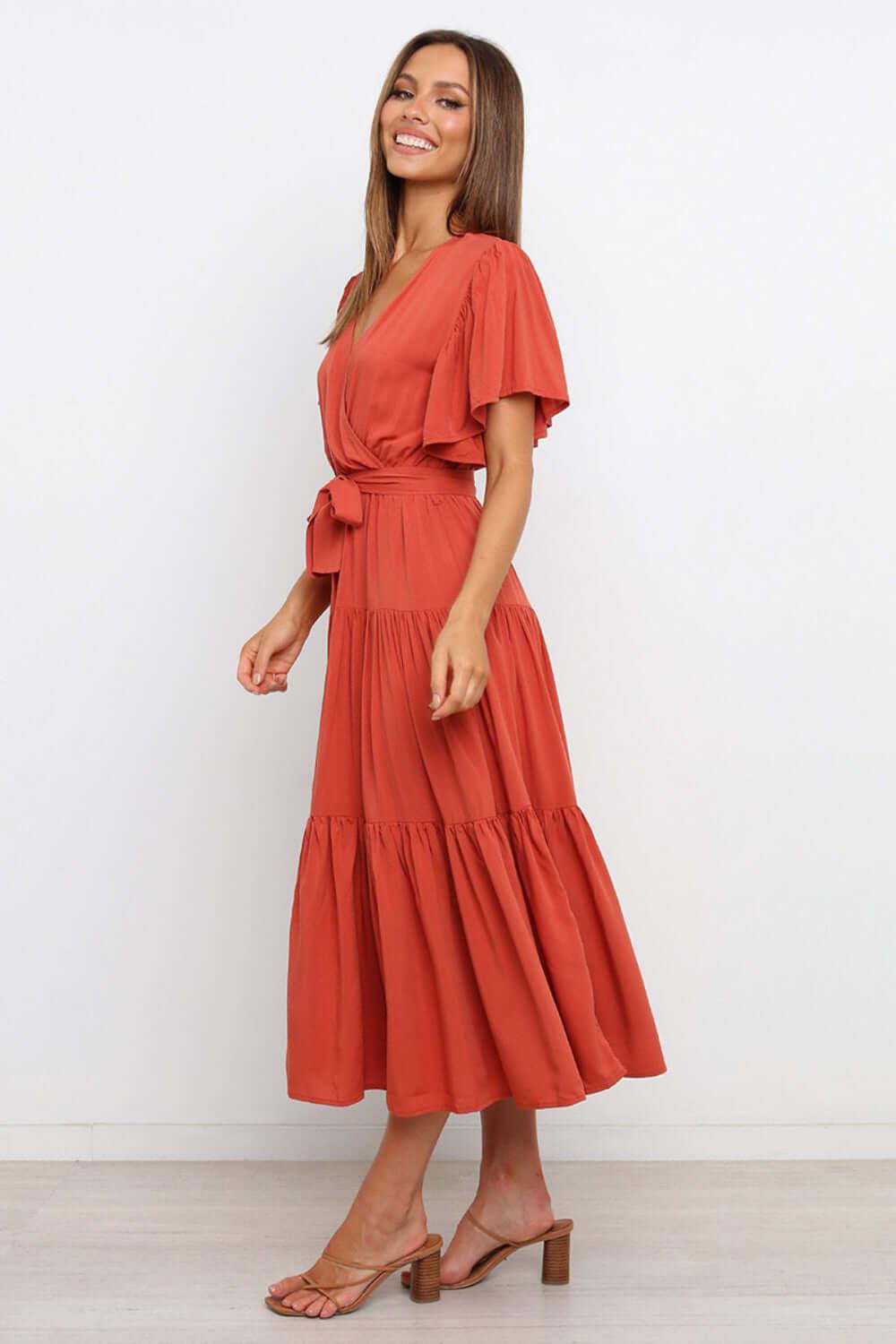 Tied Tiered Short Sleeve Midi Dress - Clothes For Her Online Store