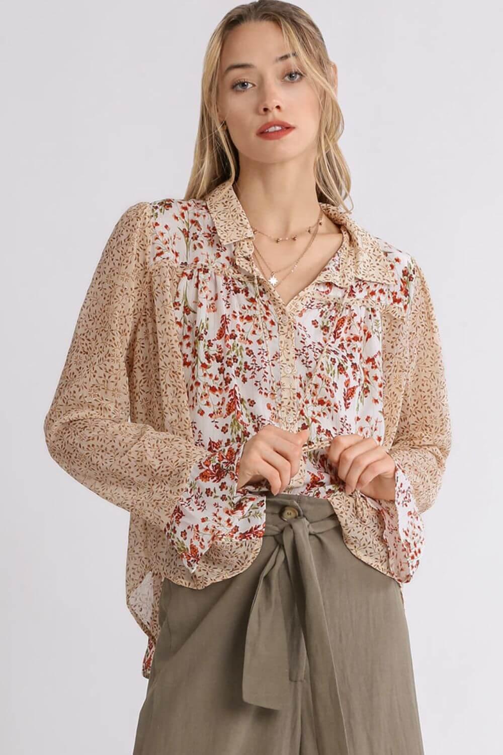 Umgee Full Size Mixed Print Metallic Detail Long Ruffle Sleeve Button Down Shirt Plus Size