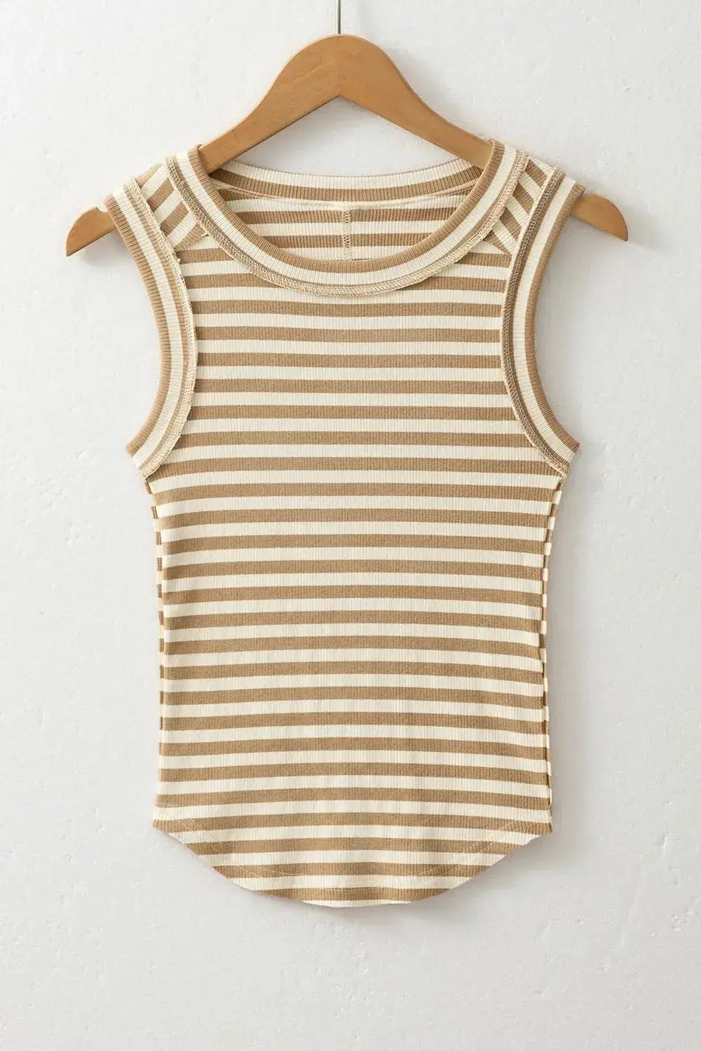 Stripe Exposed Seam Trim Round Neck Sleeveless Top - Clothes For Her Online Store